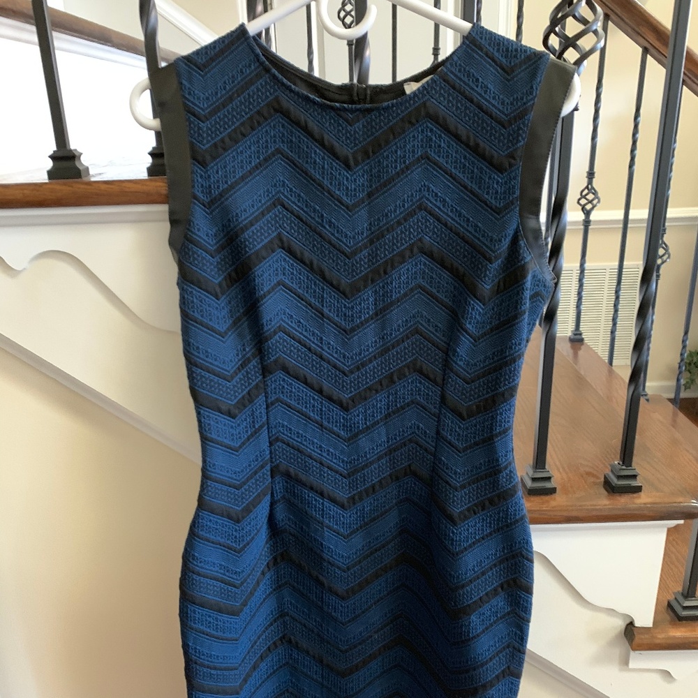 Blue Knit Body Con Dress with Leather Details